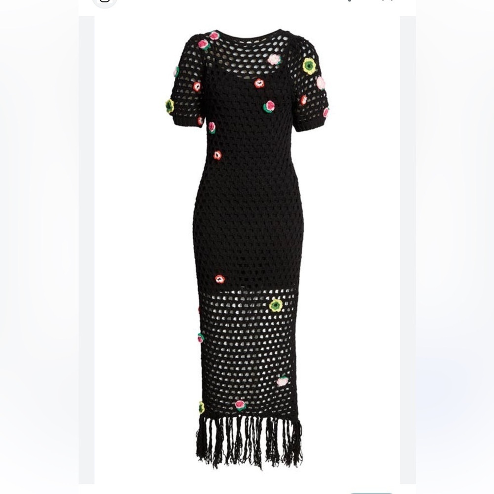 Something Navy Black Floral Crochet Midi Dress fringe puff sleeves